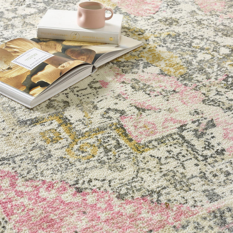 Vogue Traditional Distressed Rugs in Pink Ochre Yellow
