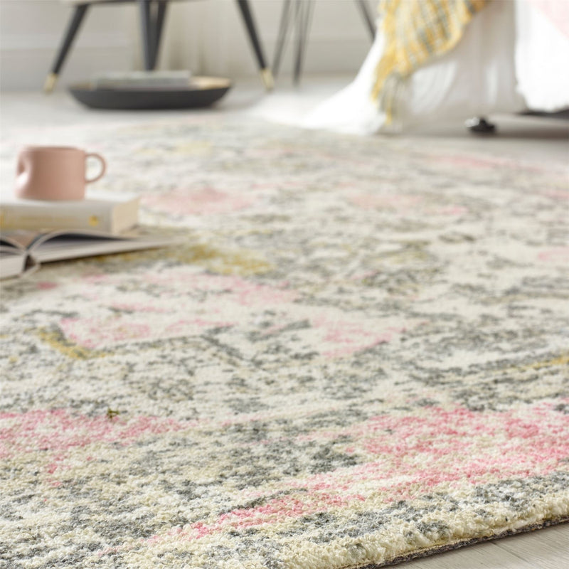 Vogue Traditional Distressed Rugs in Pink Ochre Yellow