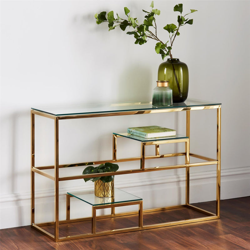 Tiffany Gold Shelf Display Console Table with Glass Top