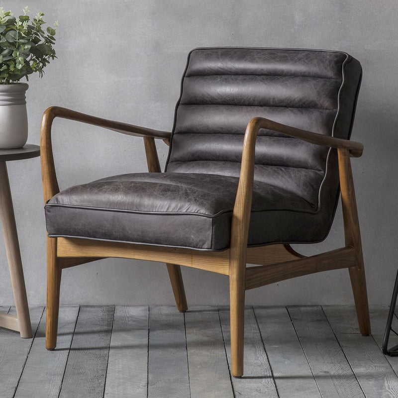 Dufort Leather Armchair in Antique Ebony Black with Solid Oak Wood Legs