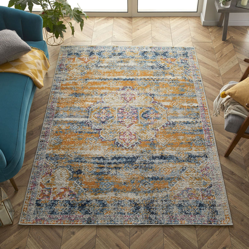 Gilbert 2061 X Traditional Distressed Rugs in Blue Grey Mustard