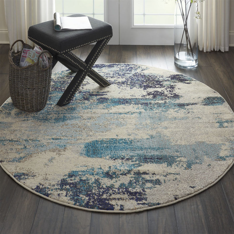 Celestial Modern Abstract Circle Round Rugs CES02 in Ivory Teal blue by Nourison