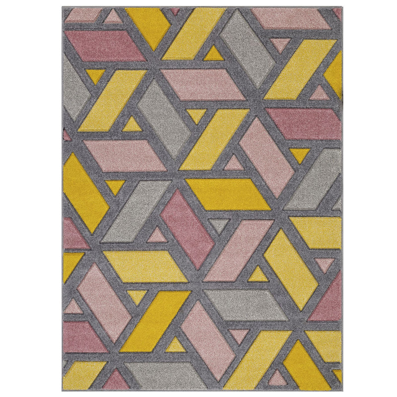 Portland 5153 U Geometric Carved Rugs in Yellow Pink Grey Cream