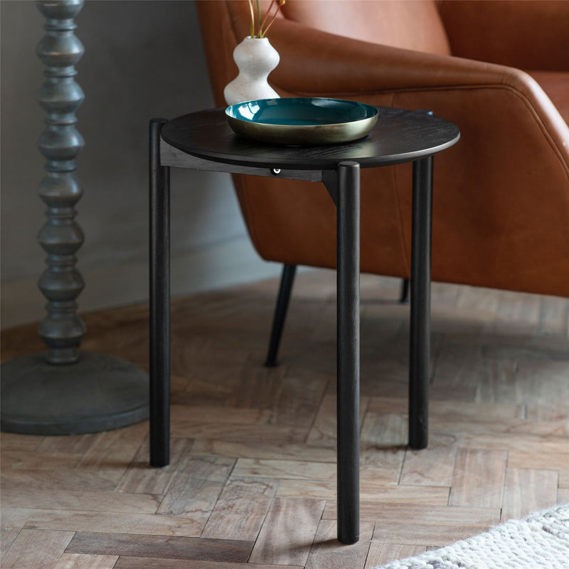 Thorley Round Oak Wood Side Table in Black