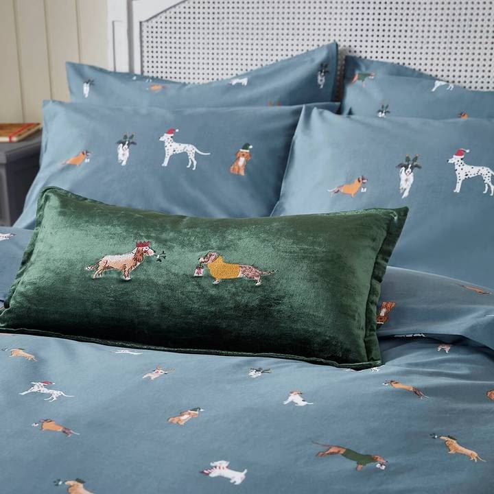 Christmas Dogs Cushion in Forest Green By Sophie Allport