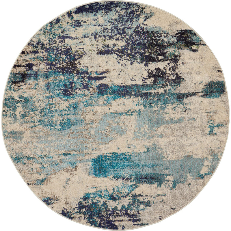 Celestial Modern Abstract Circle Round Rugs CES02 in Ivory Teal blue by Nourison