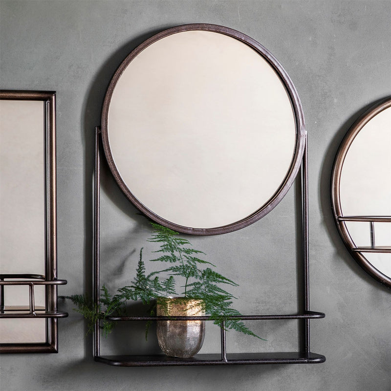 Luxe Tapi Emery Round Mirror with Shelf in Black