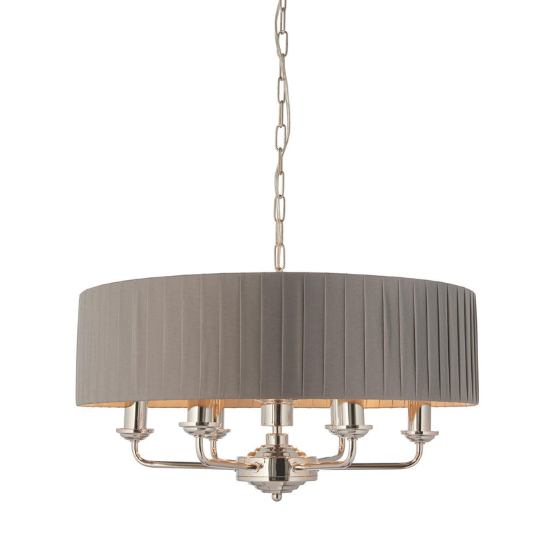 Halliday Bright Nickel 6 Pendant Light with Pleated Charcoal Grey Shade