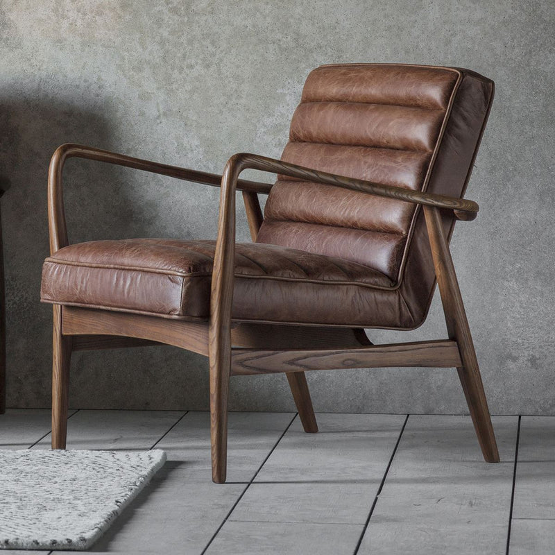 Dufort Vintage Brown Leather Armchair with Solid Oak Wood Legs