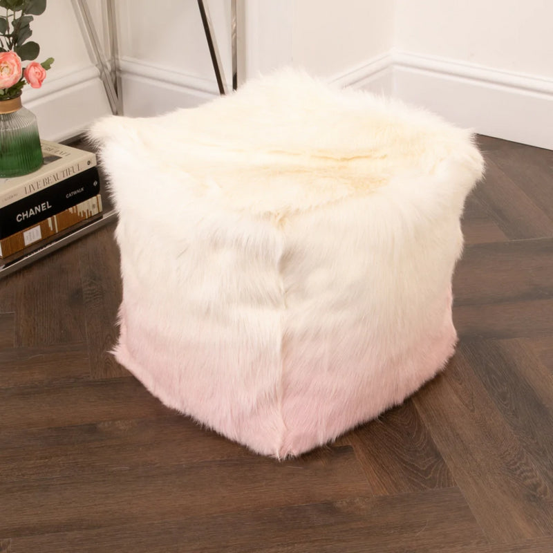 Isla Ombre Goatskin Pouffe Footstool in Ivory Pink
