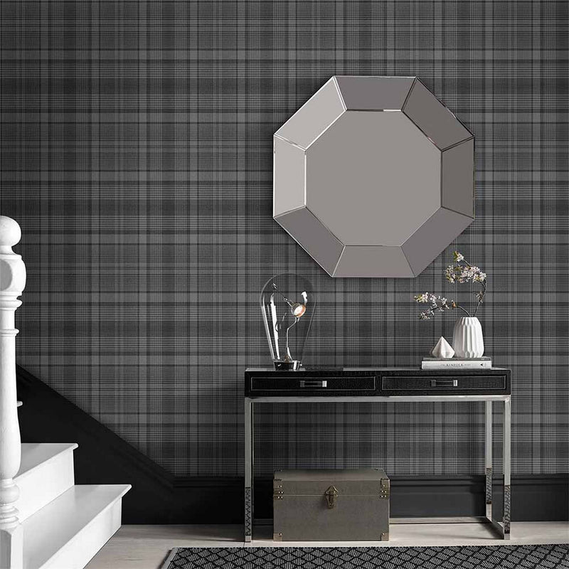 Heritage Plaid Wallpaper 107596 by Graham & Brown in Charcoal Grey