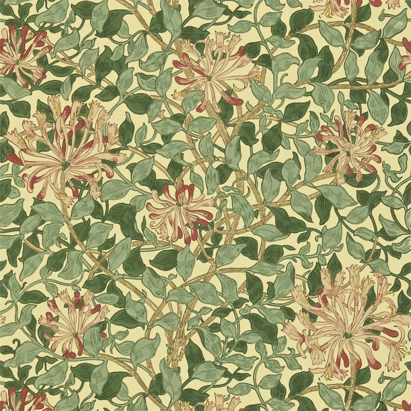 Honeysuckle Wallpaper 210436 by Morris & Co in Green Coral Pink