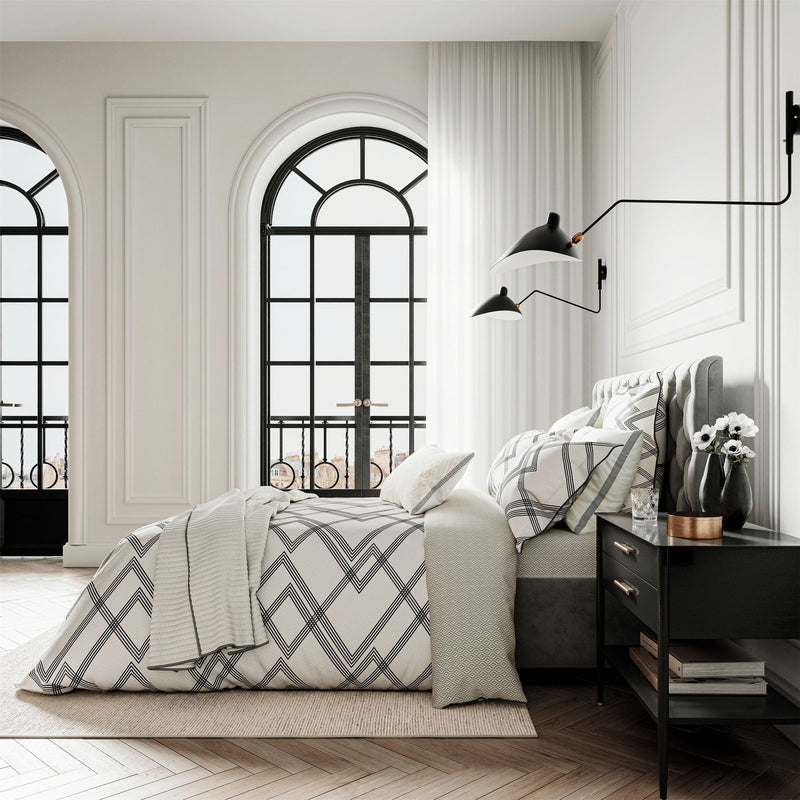 Emani Geometric Bedding by Bedeck of Belfast in Chalk Charcoal Grey
