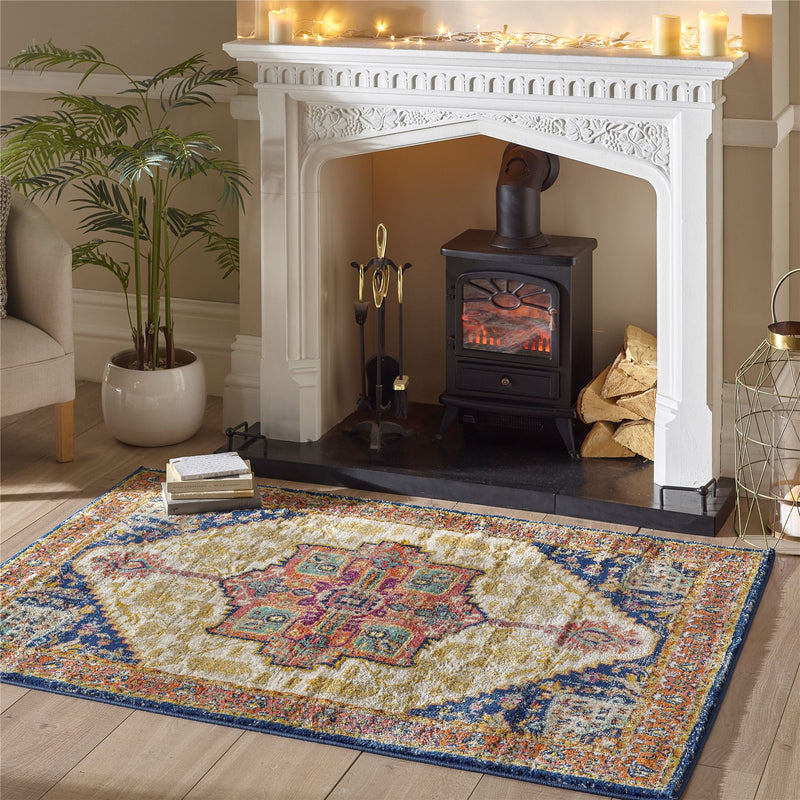 Granada Traditional Persian Floral Rugs in Amber Yellow