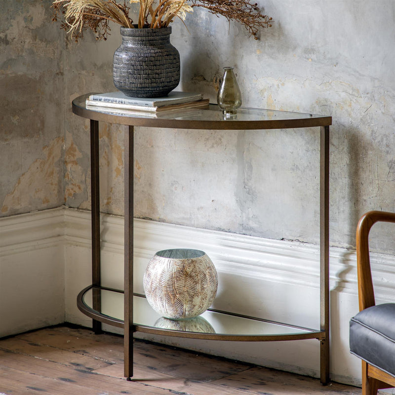 Austin Glass Console Table with Bronze Metal Legs
