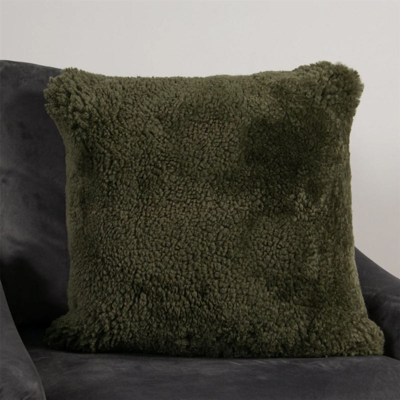 Talia Plain Sheepskin Cushion in Khaki Green