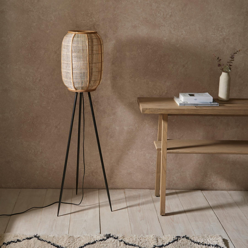Wren Handmade Bamboo and Natural Linen Floor Lamp with Black Legs
