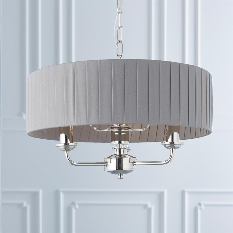 Halliday Bright Nickel 3 Pendant Light with Pleated Charcoal Grey Shade