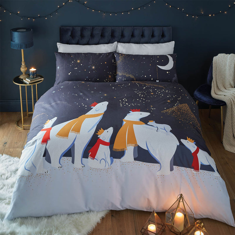 Polar Bears Christmas Bedding in Arctic Blue By Sara Miller