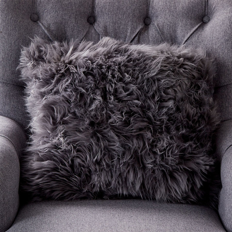 Greta Long Hair Sheepskin Cushion in Grey
