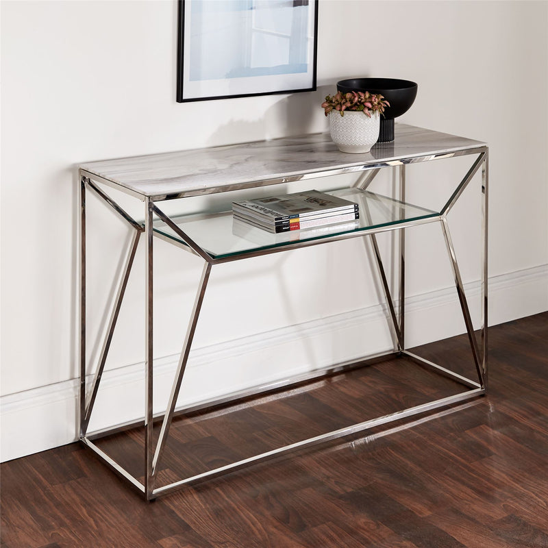 Delilah Marble Glass Console Table with Shelf