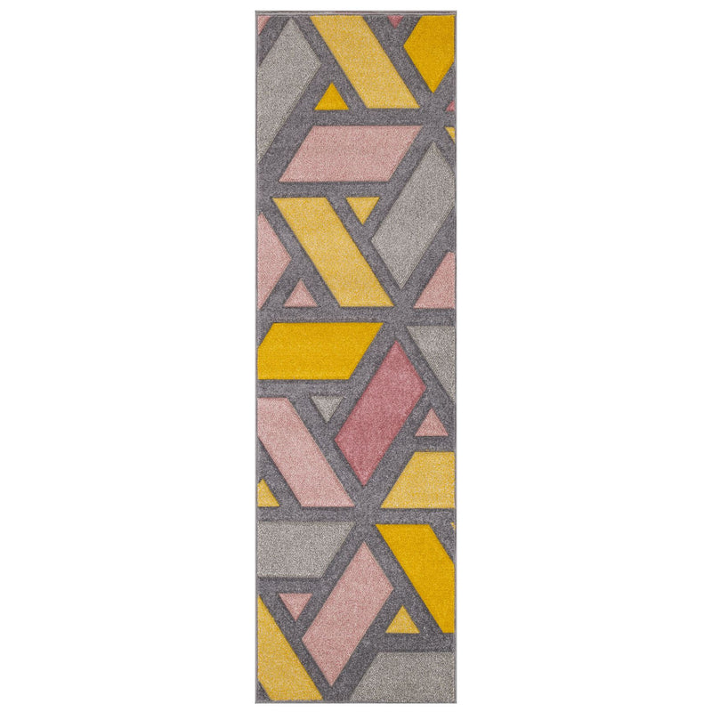 Portland 5153 U Geometric Carved Runner Rugs in Yellow Pink Grey Cream