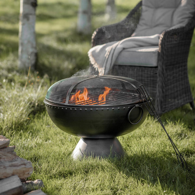 Nuria Round Metal Outdoor Garden Firepit with Cover in Black