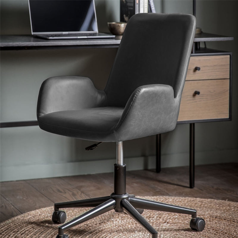Theo Leather Swivel Office Chair in Charcoal Black