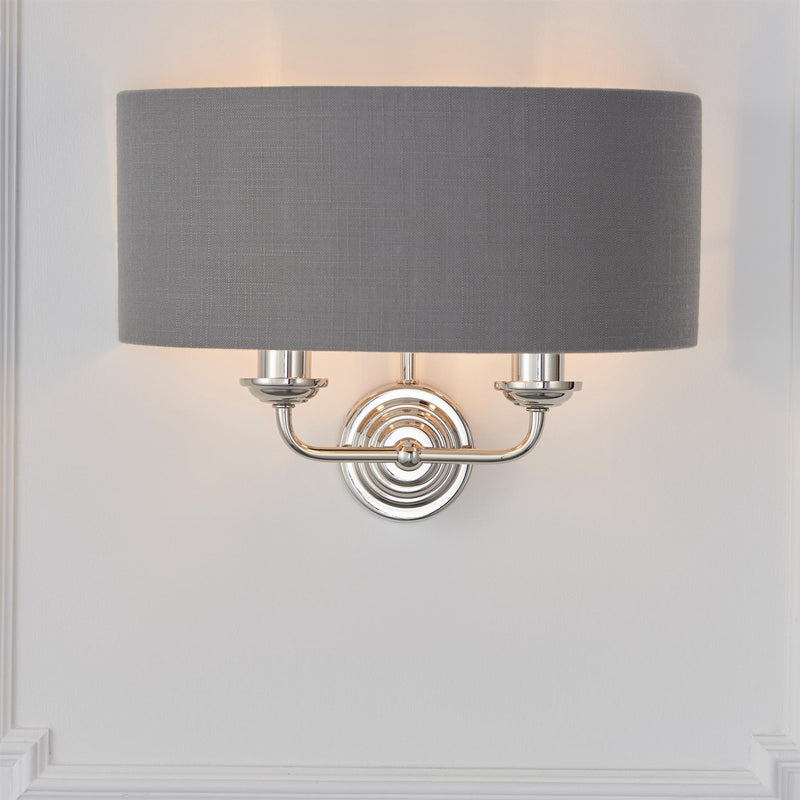 Halliday Bright Nickel 2 Bulb Wall Light with Charcoal Grey Shade