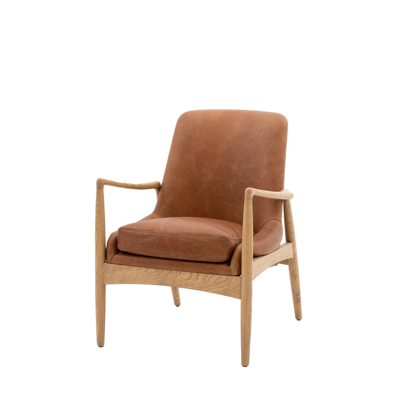 Tullia Brown Leather Armchair with Solid Oak Wood Legs