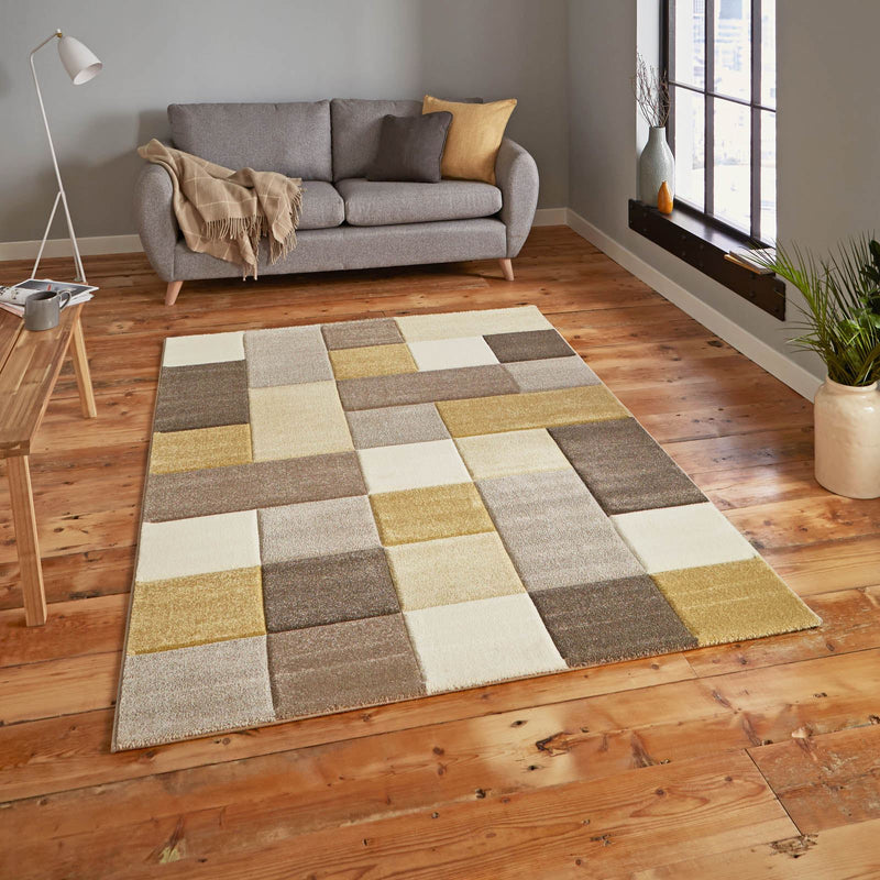 Brooklyn 646 Modern Rugs in Squares of Beige and Yellow