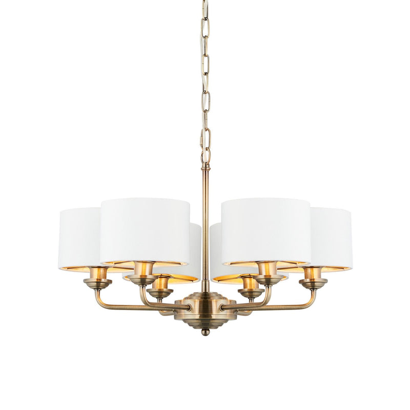 Halliday Antique Brass 6 Multi Pendant Light with White Shades