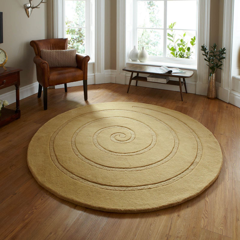 Spiral Circular Round Wool Rugs in Gold
