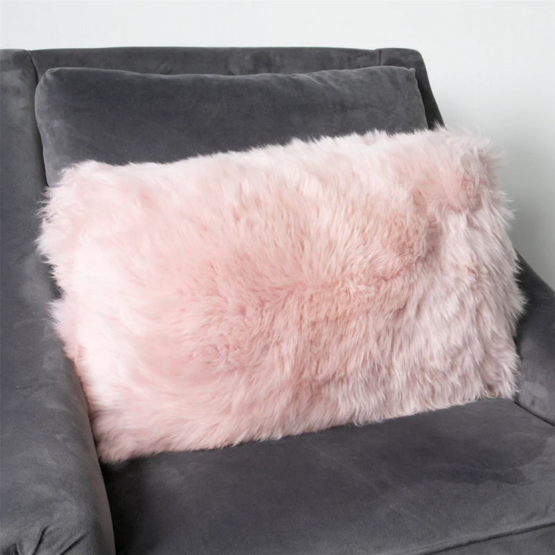 Claudia Bolster Long Hair Sheepskin Cushion in Pink