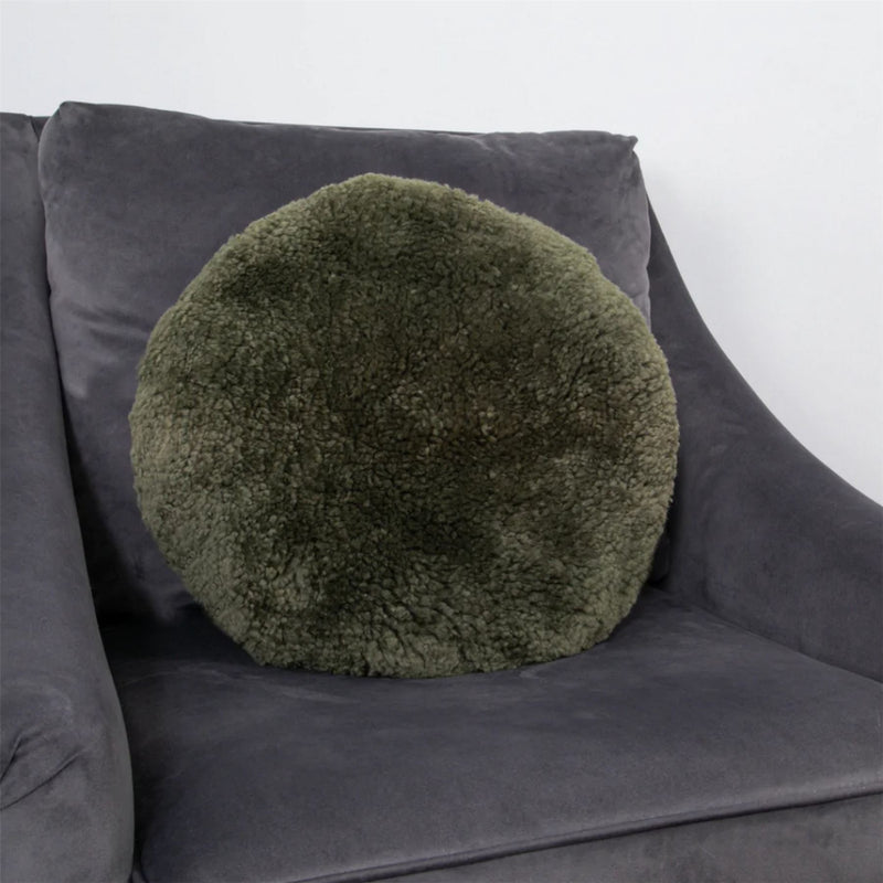 Talia Round Sheepskin Cushion in Khaki Green