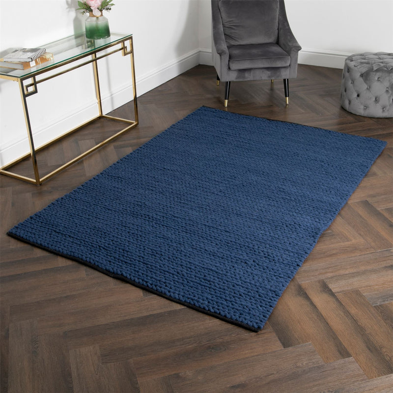 Anise Chunky Knit Wool Rugs in Navy Blue