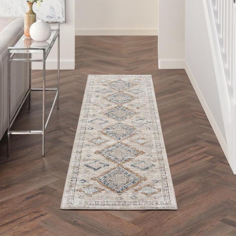 Quarry QUA14 Traditional Distressed Runner Rugs in Ivory Grey Blue by Nourison