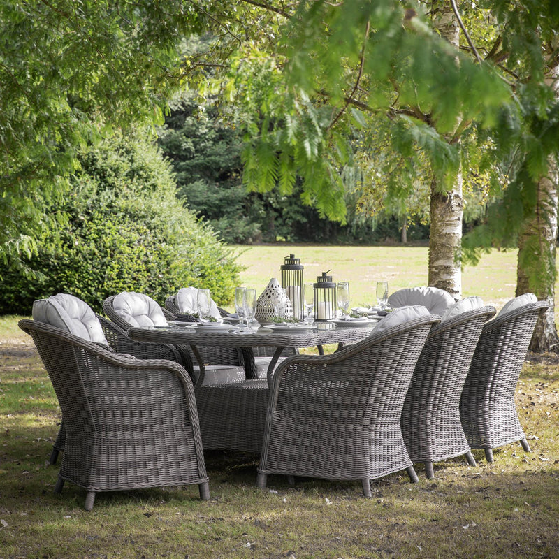 Sherwood 8 Seater Outdoor Rattan Dining Set Table and Armchairs in Grey