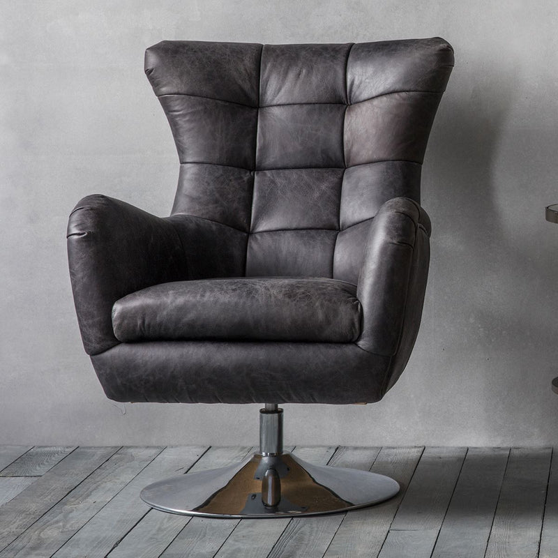 Mountbatten Leather Swivel Chair in Antique Ebony Black