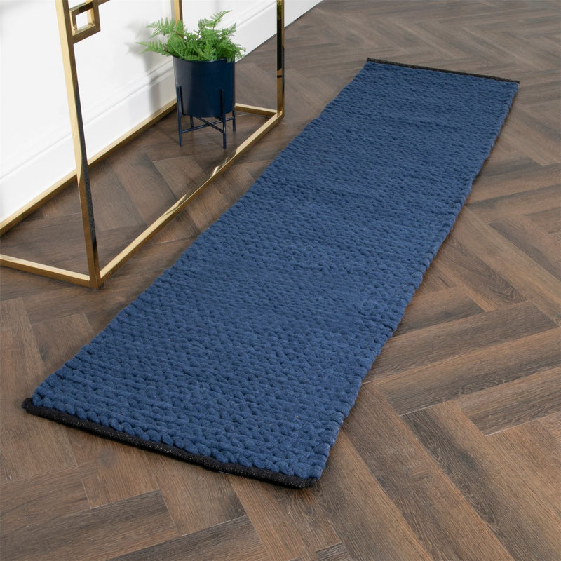 Anise Chunky Knit Wool Runner Rugs in Navy Blue