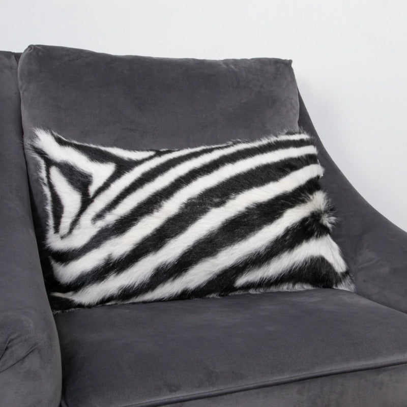 Goma Zebra Print Goatskin Bolster Cushion in Black White