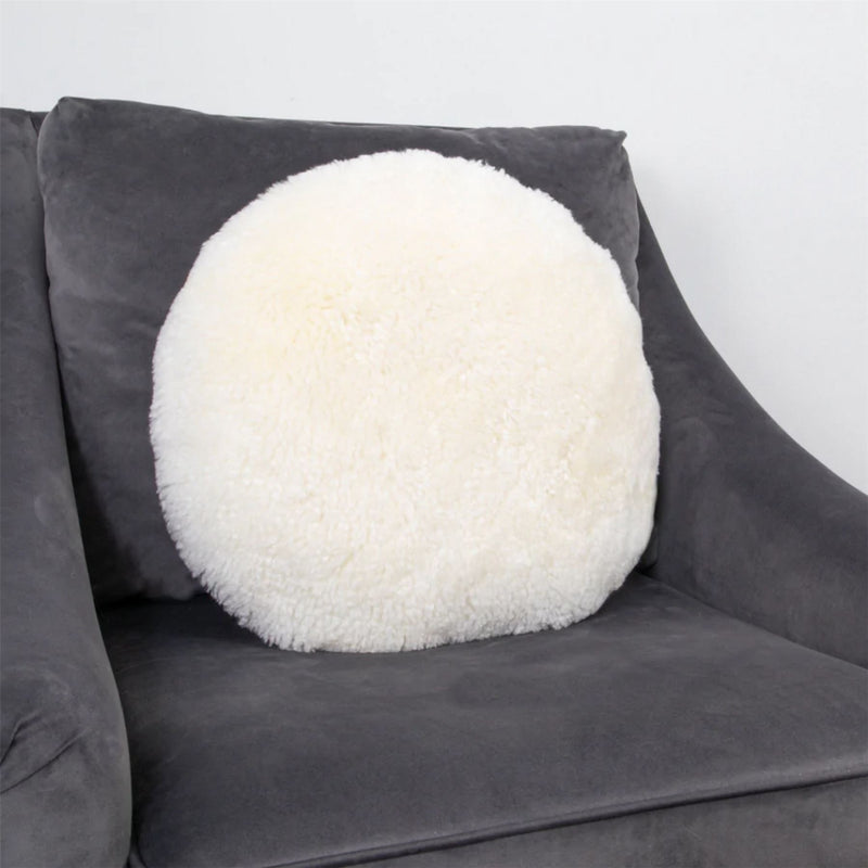 Talia Round Sheepskin Cushion in Ivory White