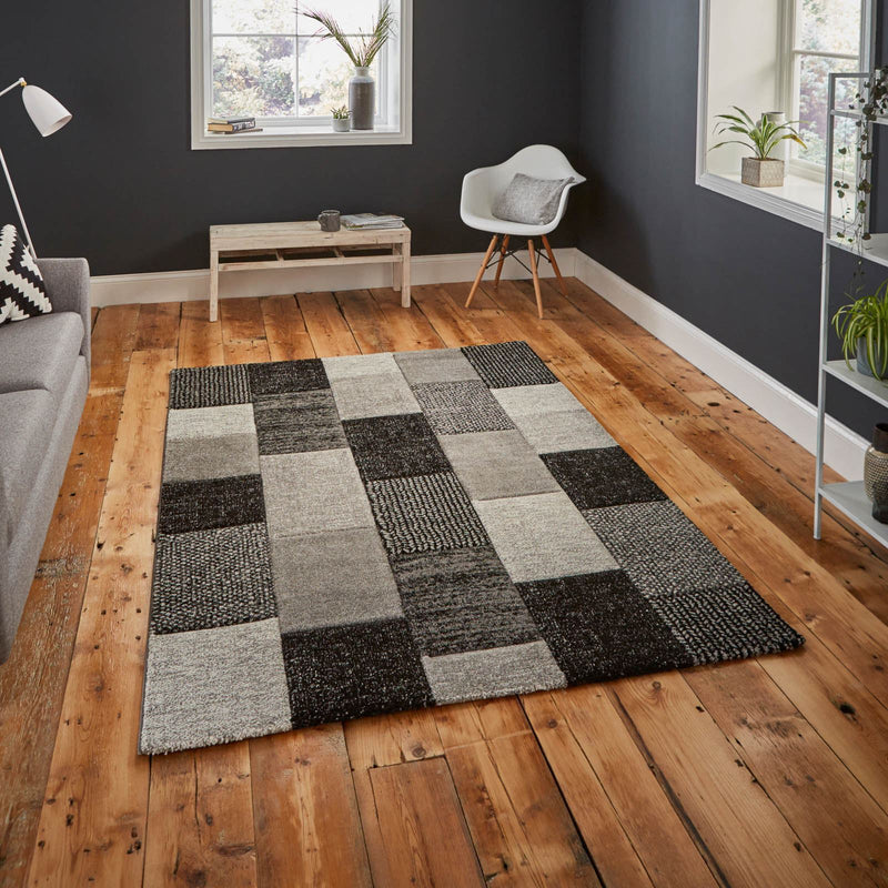 Brooklyn Modern Rugs 21830 in Square Patchwork Grey and Black