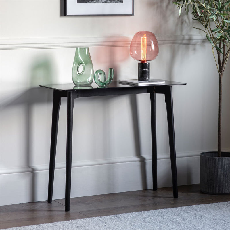 Blake Black Oak Console Table with Smoked Glass Top