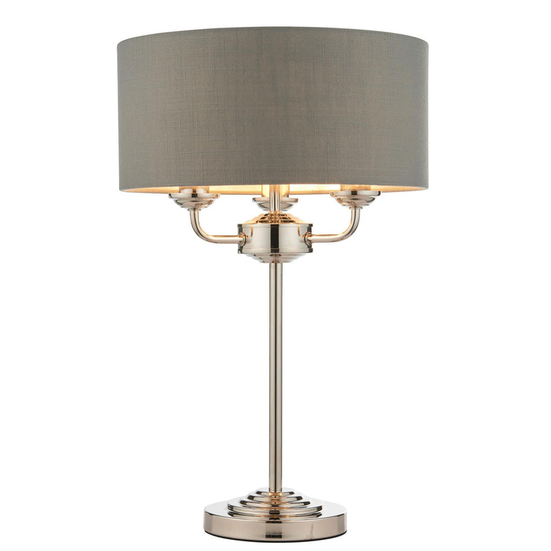Halliday Bright Nickel 3 Bulb Table Lamp with Charcoal Grey Shade