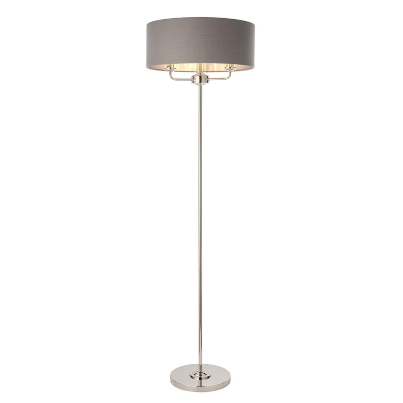 Halliday Bright Nickel 3 Bulb Floor Lamp with Charcoal Grey Shade