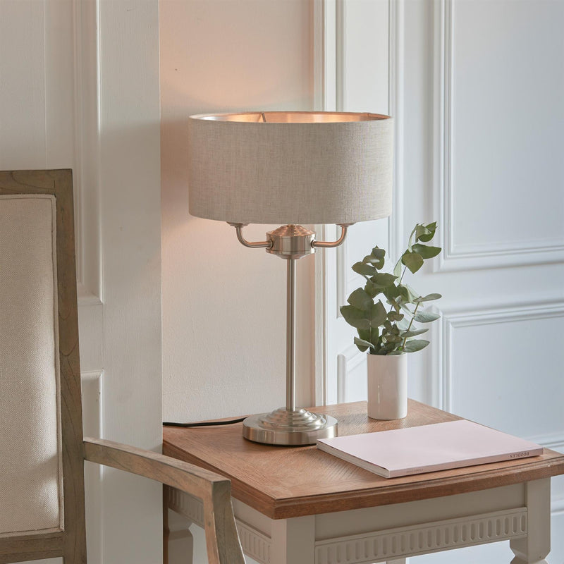 Halliday Chrome 3 Bulb Table Lamp with Natural Linen Shade