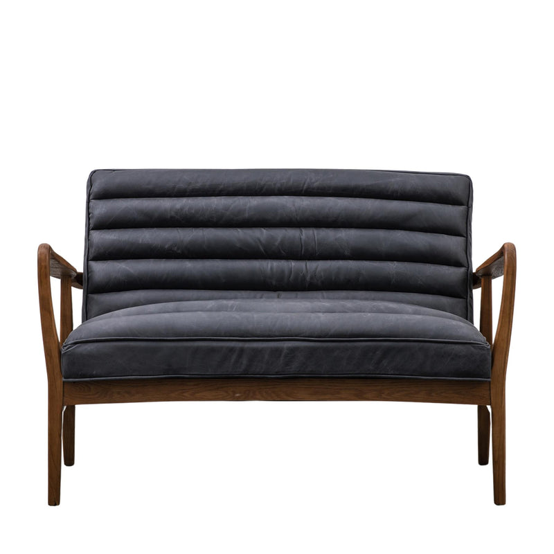 Dufort Antique Ebony Leather 2 Seater Sofa with Wood Arms