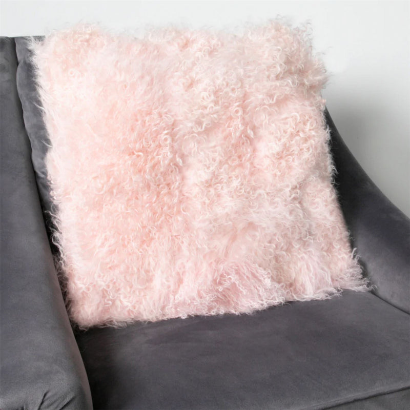 Heidi Curly Tibetan Sheepskin Cushion in Pink