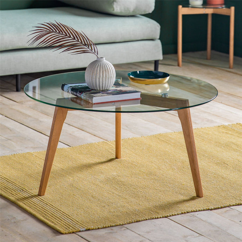 Blake Round Glass Top Coffee Table with Oak Wood Legs